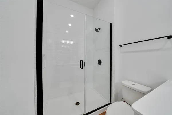 a bathroom with a shower and toilet