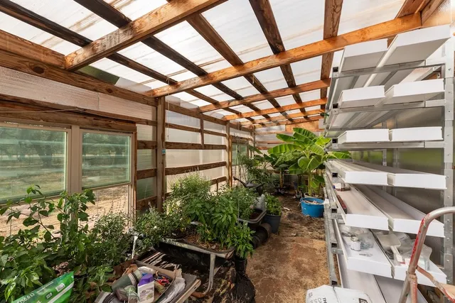 a view of backyard with wooden fence