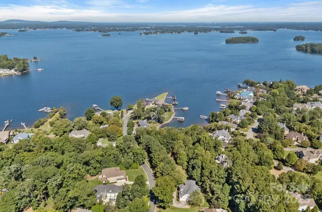 an aerial view of a houses with a lake view