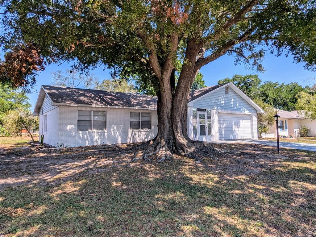 a big house with large trees and wooden fence