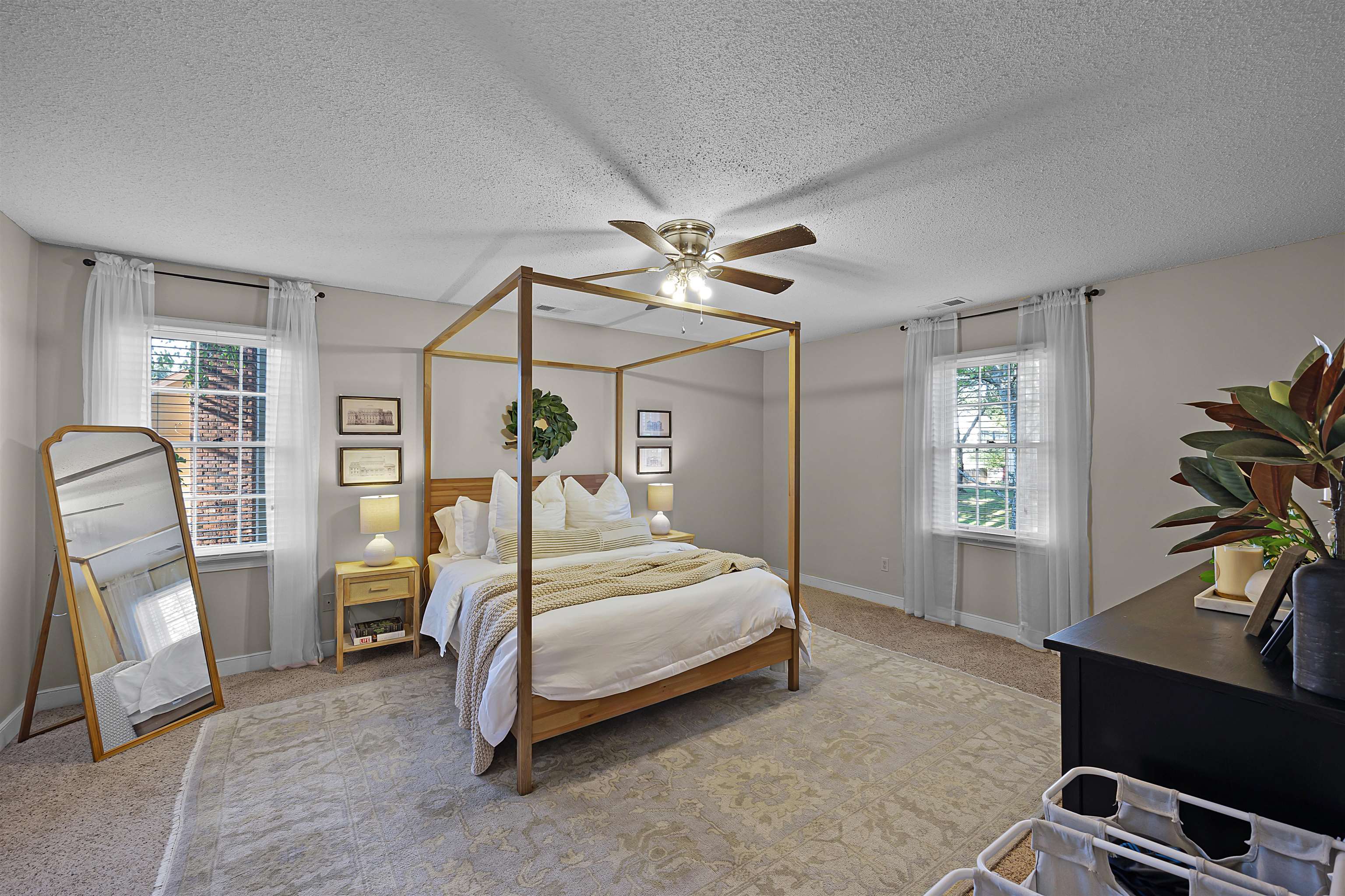 319 East Harpers Ferry Road Collierville, TN 38017 - Photo 14 of 27 Carpeted bedroom with multiple windows, a textured ceiling, and ceiling fan