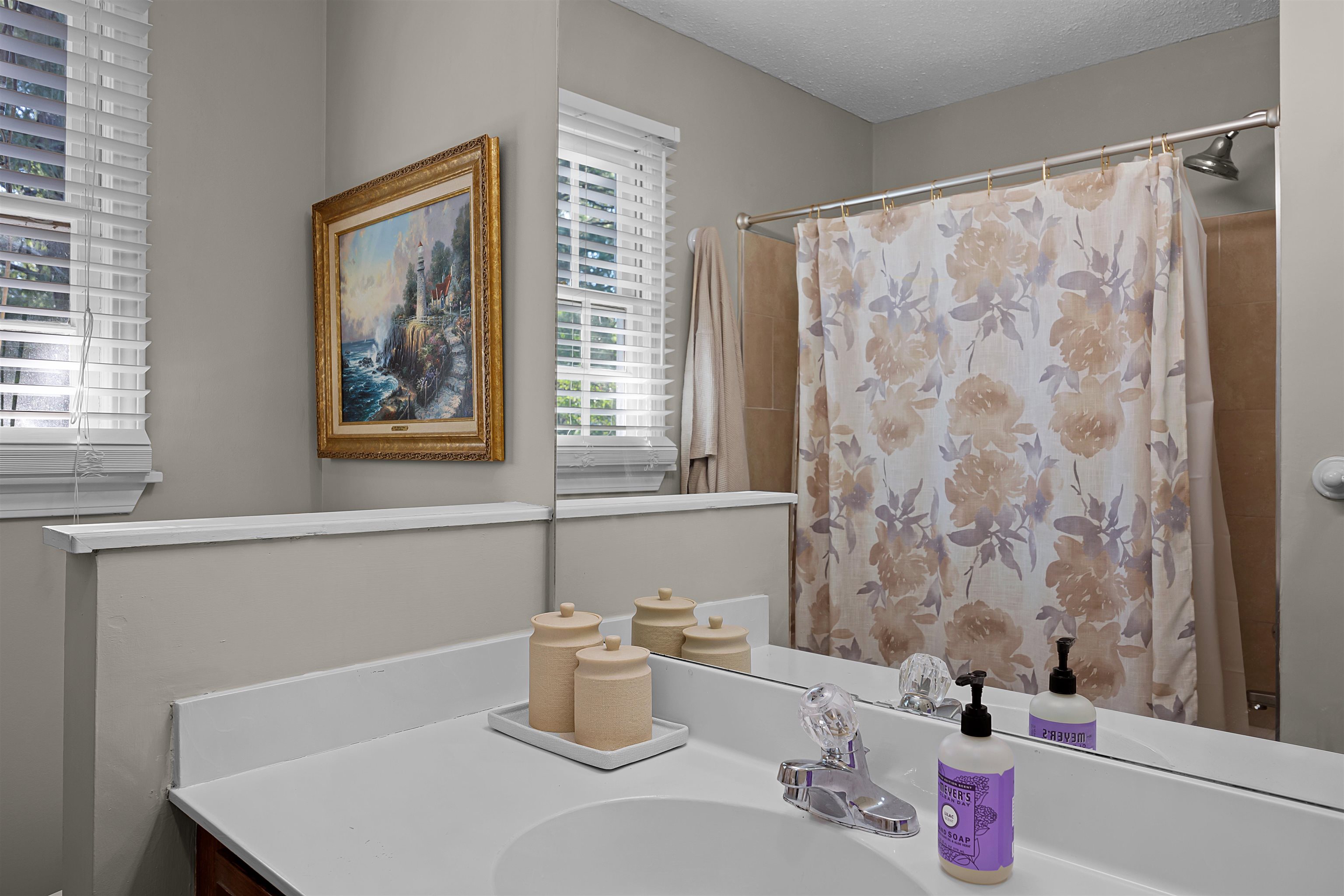 319 East Harpers Ferry Road Collierville, TN 38017 - Photo 21 of 27 Bathroom featuring curtained shower, vanity, and a textured ceiling
