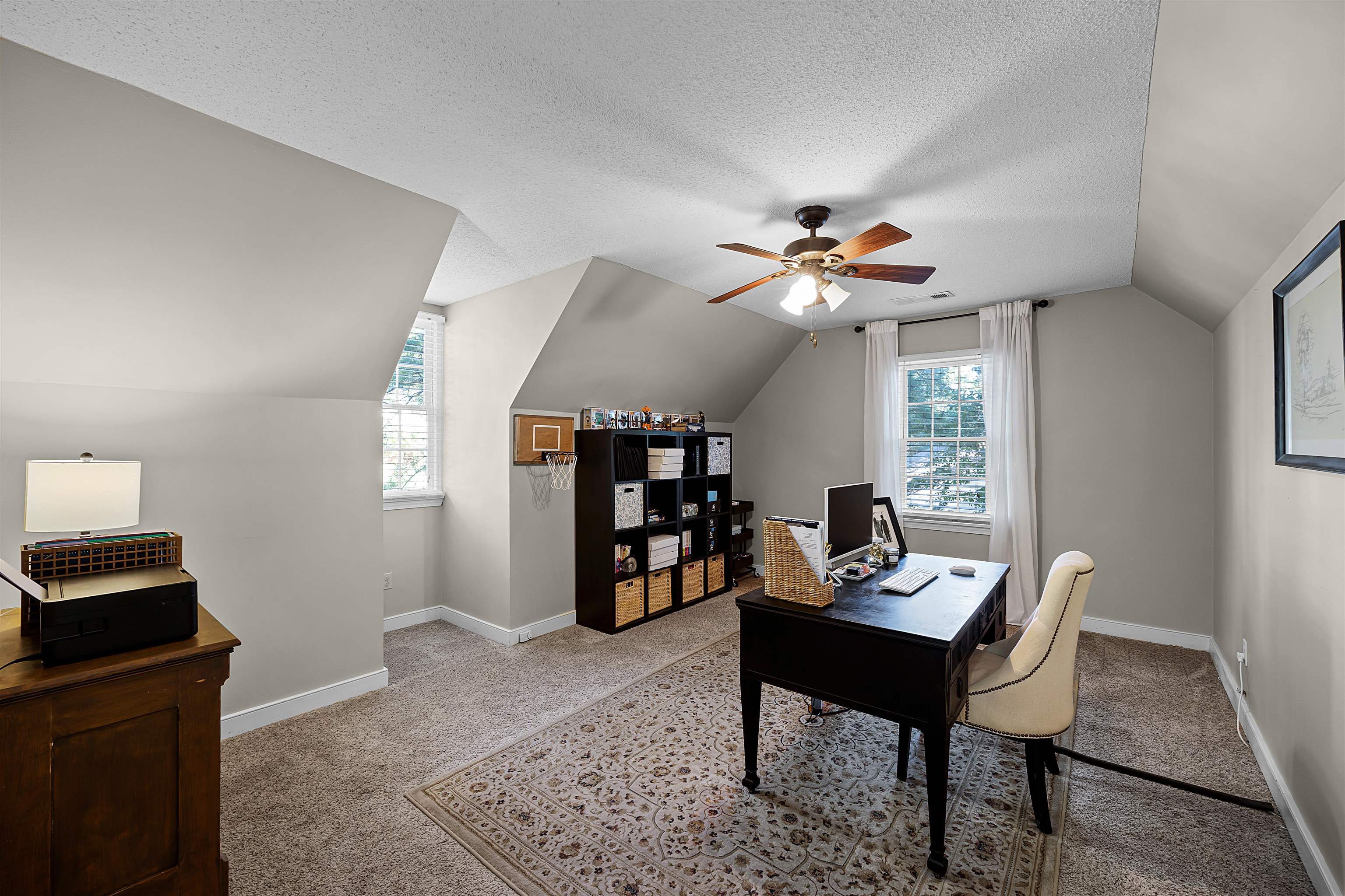 319 East Harpers Ferry Road Collierville, TN 38017 - Photo 23 of 27 Carpeted office space featuring lofted ceiling, ceiling fan, and a textured ceiling
