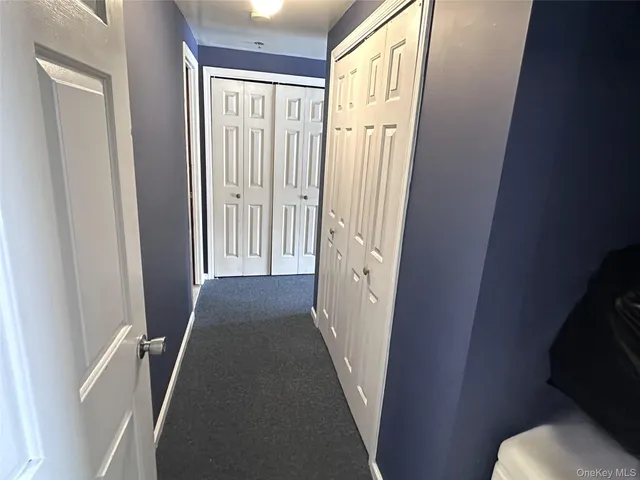a view of a hallway with a wooden door
