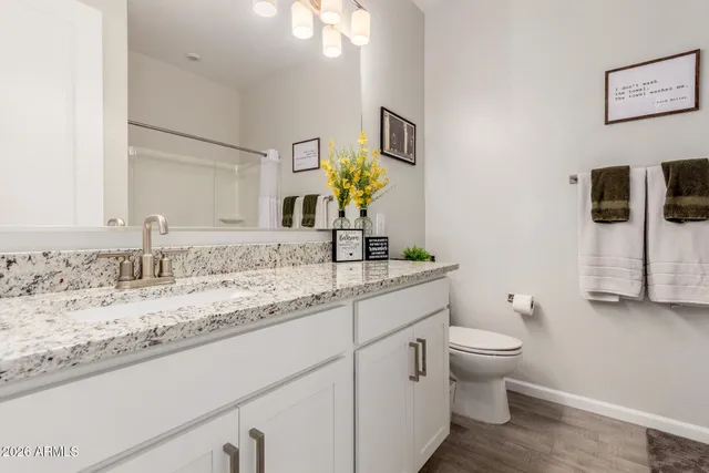 a bathroom with a granite countertop toilet sink and mirror