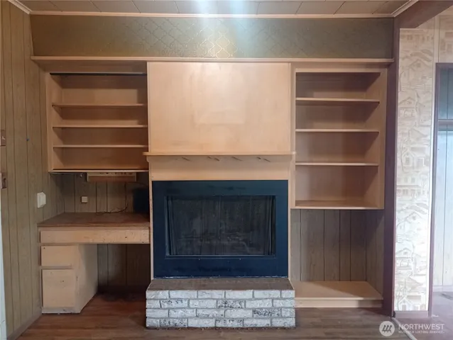 a living room with a fireplace