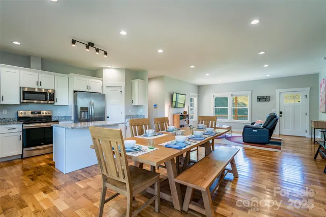 a view of a dining room with furniture