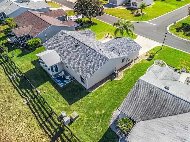 an aerial view of a backyard