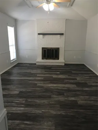 a room with a fireplace