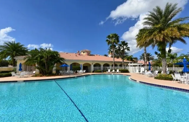 a view of a swimming pool with a garden and plants