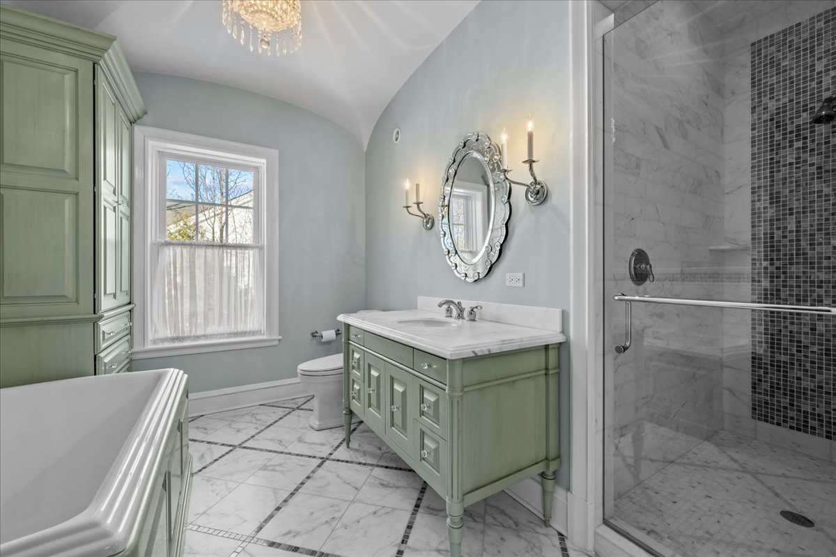 123 Oxford Road Kenilworth, IL 60043 - Photo 49 of 60 a bathroom with a granite countertop sink a toilet and shower