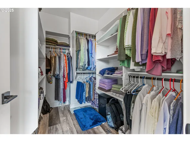 a view of walk in closet with clothes