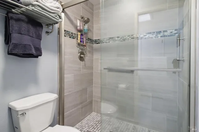 a bathroom with a shower and toilet