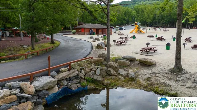 a view of a park with slide