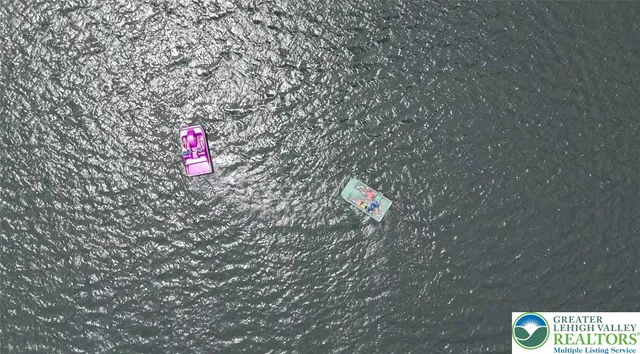 an aerial view of a house with a yard and lake view