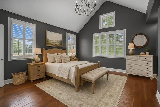 a bathroom with double sink shower and a mirror