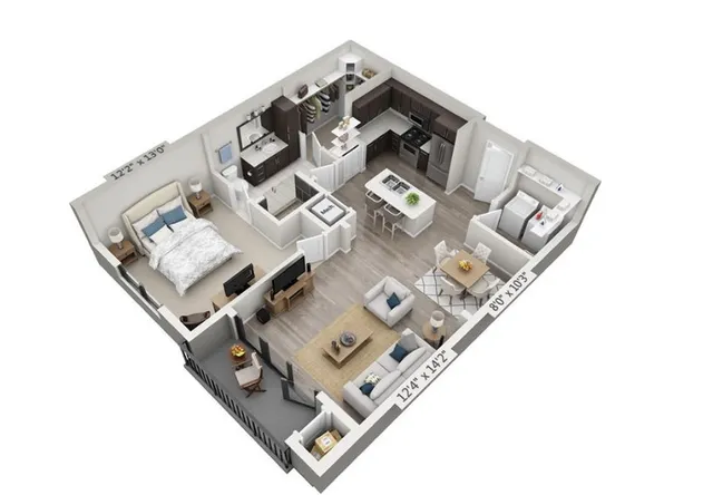 an aerial view of a open kitchen