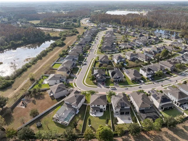 an aerial view of a residential houses with outdoor space
