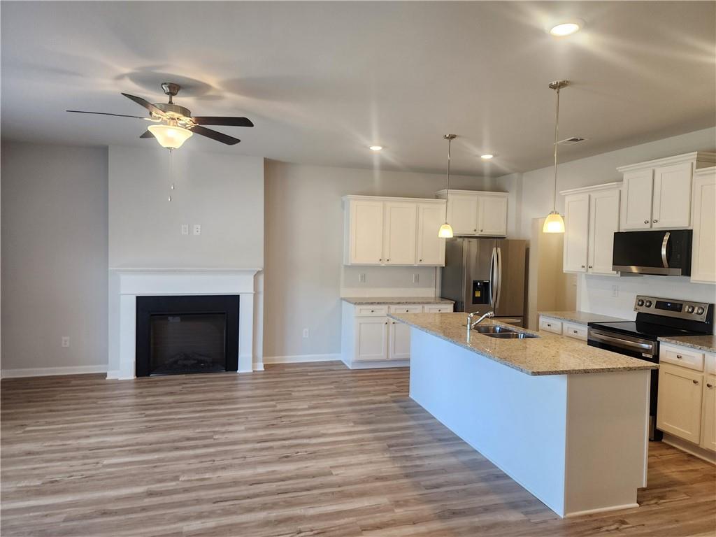 832 Cygnet Lane Grayson, GA 30017 - Photo 14 of 35 a kitchen with stainless steel appliances a stove top oven a refrigerator cabinets and a fireplace