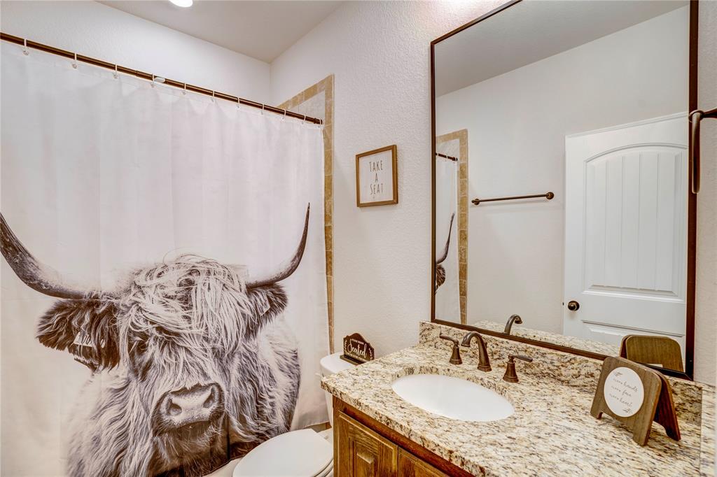 1355 Jay Bird Road Springtown, TX 76082 - Photo 33 of 40 a bathroom with a granite countertop sink and a mirror