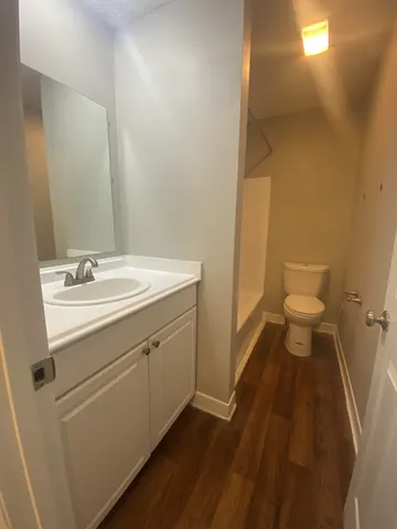 a bathroom with a sink a toilet and a mirror