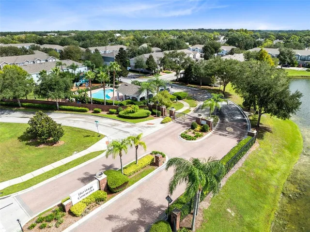 an aerial view of a swimming pool