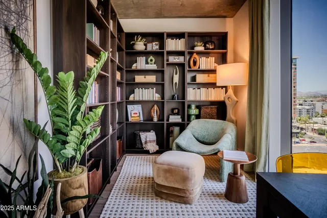 a living room with furniture and a potted plant