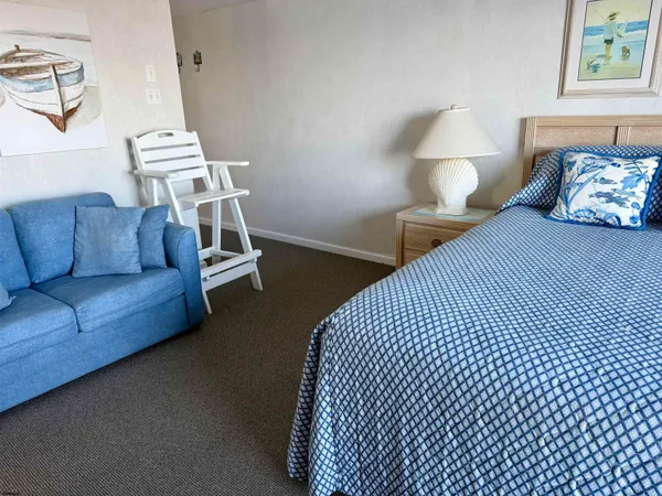 a bedroom with a bed and a couch