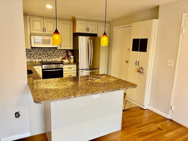 a kitchen with stainless steel appliances granite countertop a sink and a refrigerator