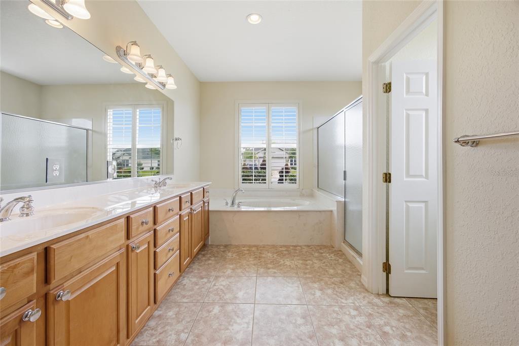9029 Southeast 130th Loop Summerfield, FL 34491 - Photo 37 of 55 a spacious bathroom with a double vanity sink a large mirror and a bathtub with shower