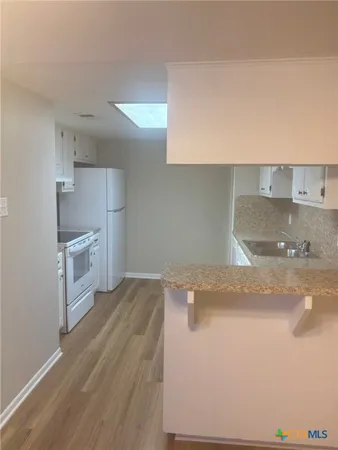 a kitchen with granite countertop a sink a stove and refrigerator