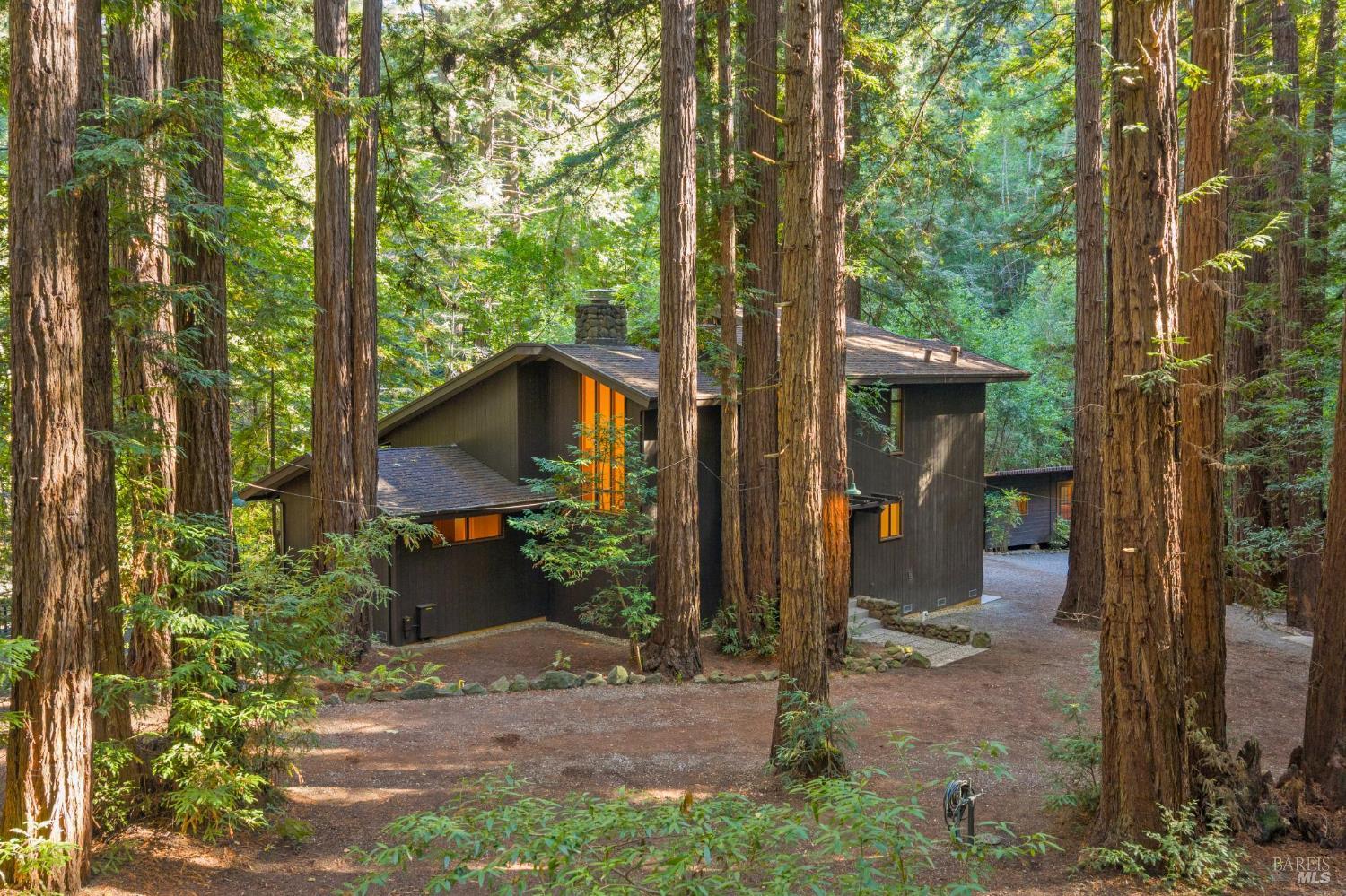 a view of a house with backyard and trees