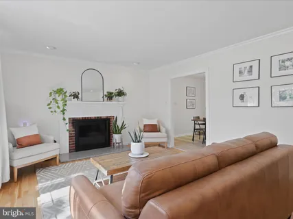 a living room with furniture a fireplace and a potted plant
