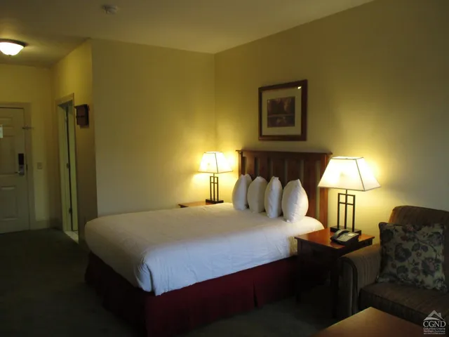 a bedroom with a bed lamps and a potted plant