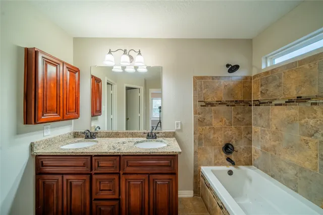 a bathroom with a granite countertop sink a mirror and a shower