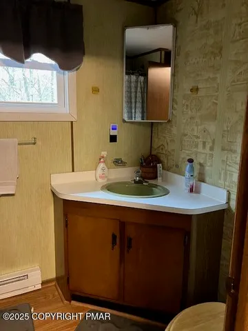 a bathroom with a sink a mirror and a toilet