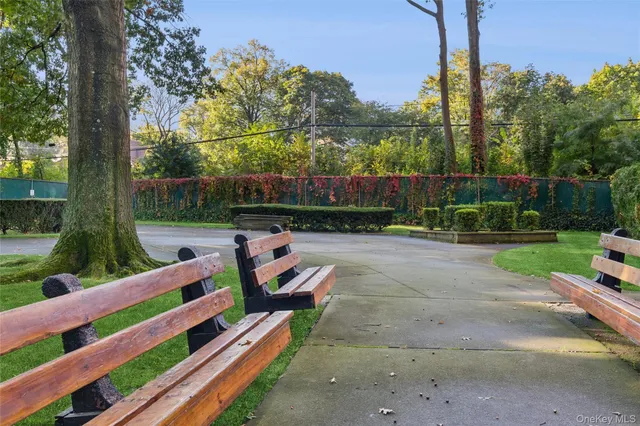 a view of backyard with seating space and trees