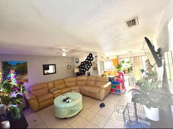 a living room with furniture and a potted plant