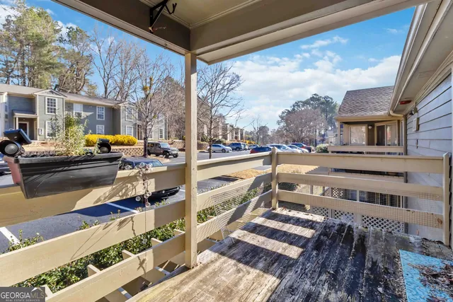 a view of a building from a balcony