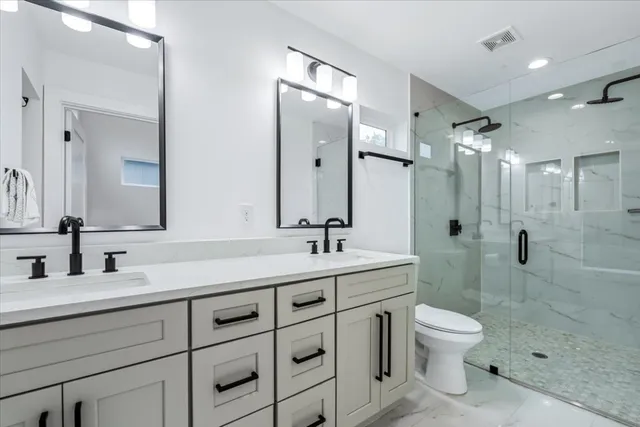 a bathroom with a toilet a sink a shower and a mirror