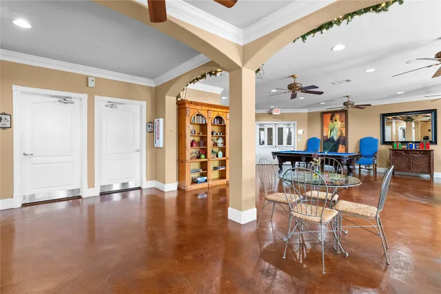 a view of a dining room with furniture
