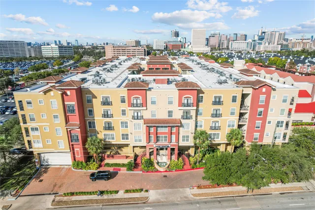 a city view with tall buildings