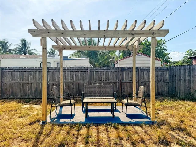a backyard of a house with table and chairs