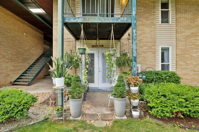 a view of a house with potted plants and a potted plant