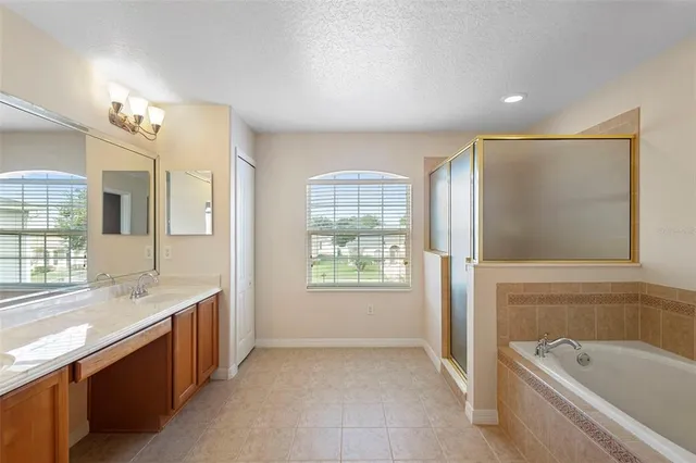 a bathroom with a tub sink and mirror