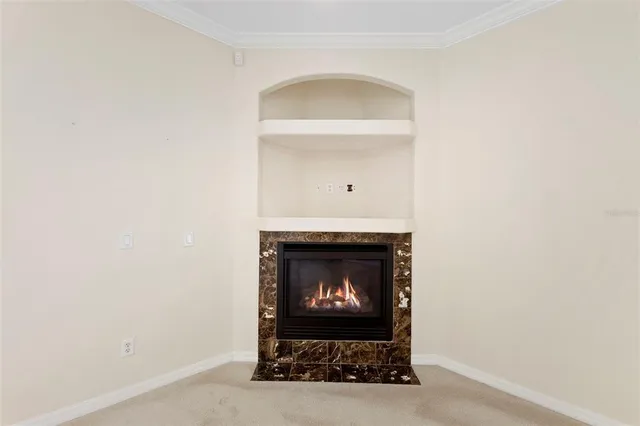 a living room with a fireplace