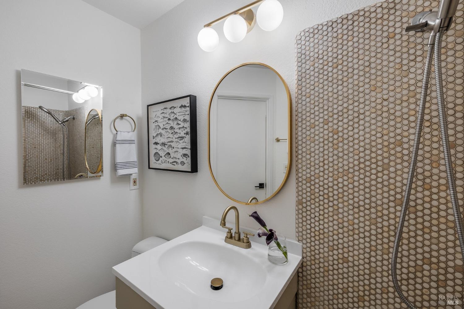 108 Stanford Way Sausalito, CA 94965 - Photo 30 of 43 a bathroom with a sink a mirror a vanity and a shower