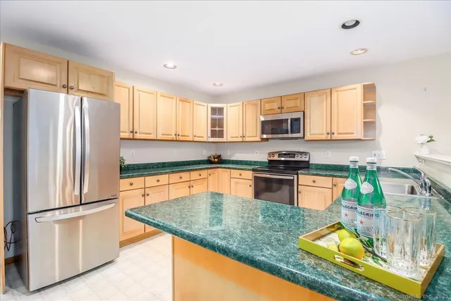 a kitchen with stainless steel appliances granite countertop a refrigerator a stove top oven a sink and dishwasher
