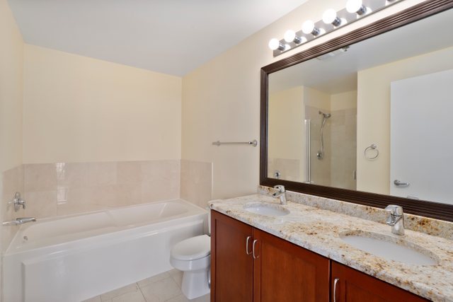 210 South Desplaines Street, Unit 2002 Chicago, IL 60661 - Photo 14 of 24 a bathroom with a granite countertop sink a toilet and bathtub
