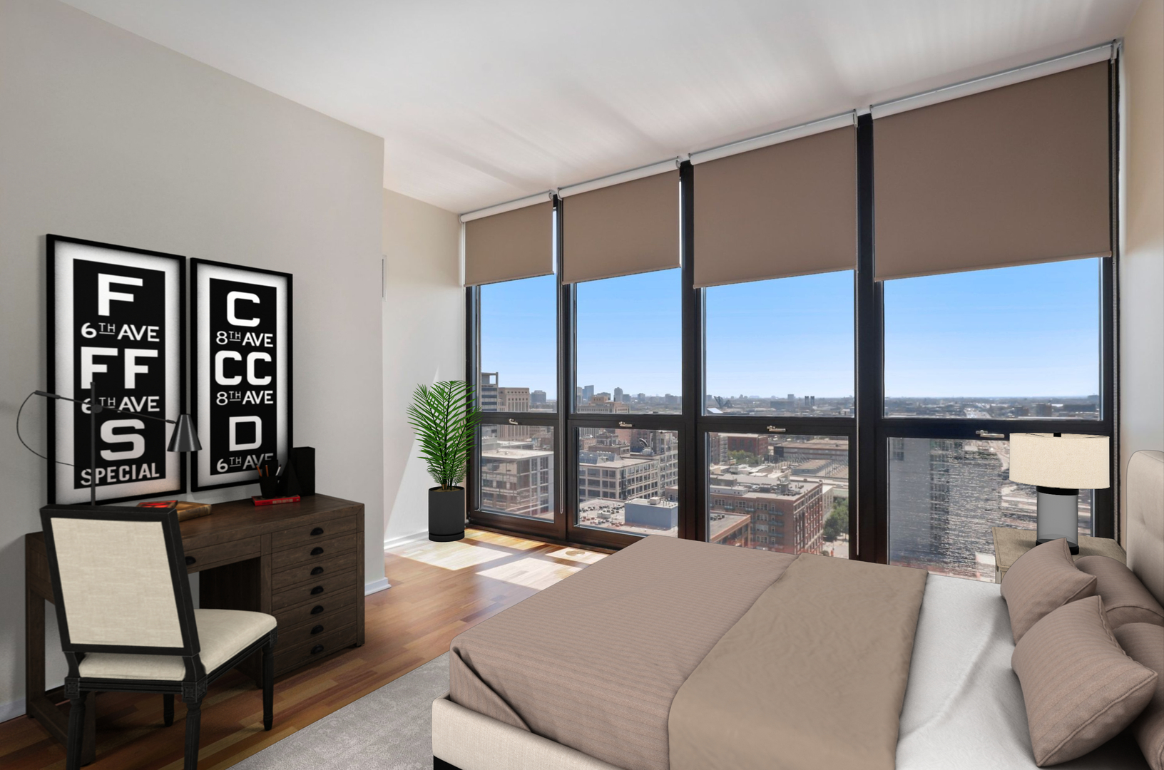 210 South Desplaines Street, Unit 2002 Chicago, IL 60661 - Photo 15 of 24 a bedroom with a large window and a bed